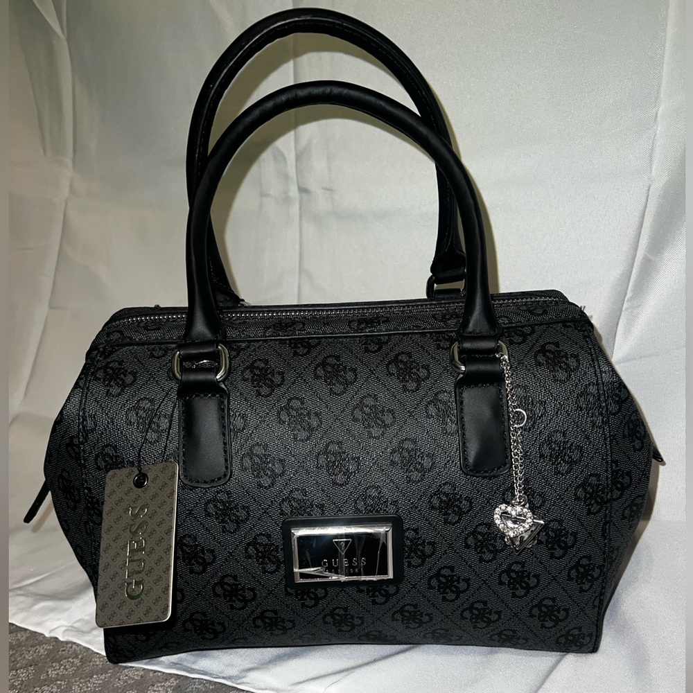 GUESS Irma Monogram Charm Bag W/Strap (Coal) (Interior Leopard Print) Vintage